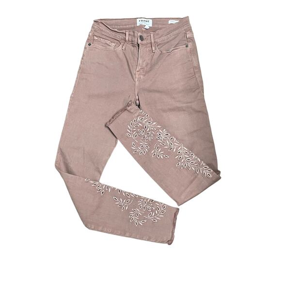 Frame Denim Le Skinny De Jeanne Pink Floral Cut Out Embroidery Size 26 - Picture 1 of 5